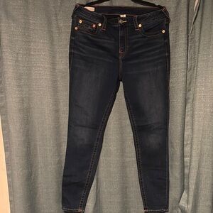 True Religion Women's Skinny Jeans in Dark Blue with Orange Stitching